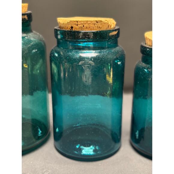 Set of 3 Vintage Teal Glass Jars with Original Cork Stoppers–6.5", 7.5", 8" Tall - Picture 3 of 12